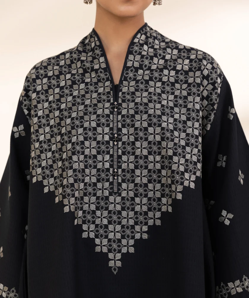 Unstitched 3Pc Embroidered Black Dobby Dress by Sapphire - Image 5