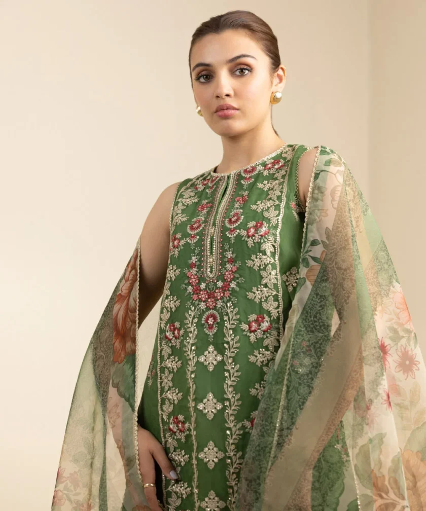 Unstitched 3Pc Embroidered Green Organza Dress by Sapphire - Image 3