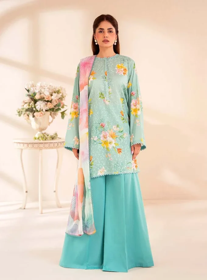 Unstitched 3Pc Chickenkari Printed Lawn Dress Binaas Chikankari 207