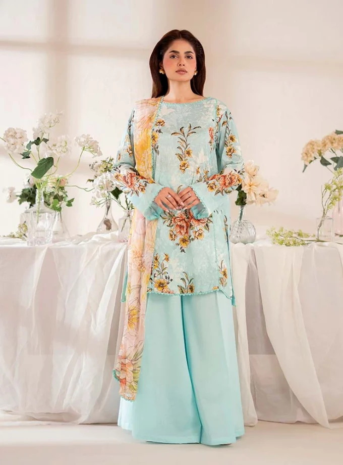 Unstitched 3Pc Chickenkari Printed Lawn Dress Binaas Chikankari 201