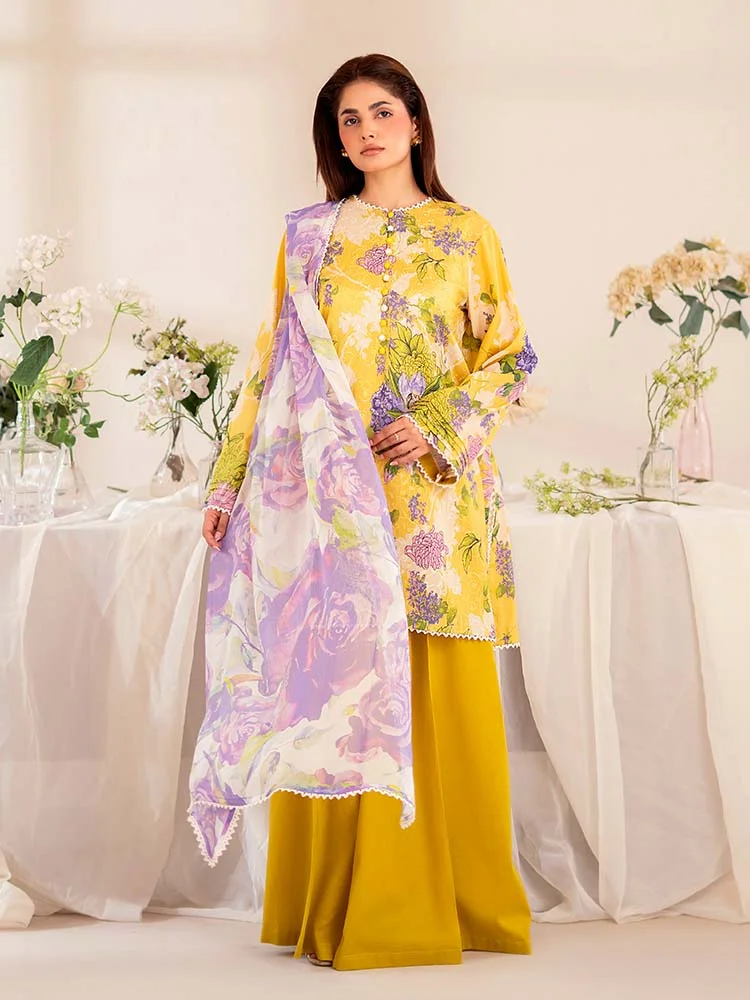 Unstitched 3Pc Chickenkari Printed Lawn Dress Binaas Chikankari 211