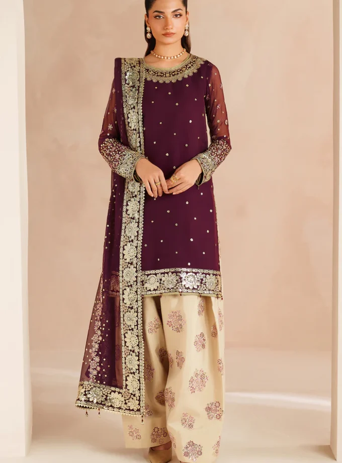 Unstitched 3Pc Embroidered Chiffon Dress Farasha Maple Glow