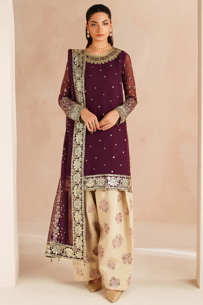 Unstitched 3Pc Embroidered Chiffon Dress Farasha Maple Glow