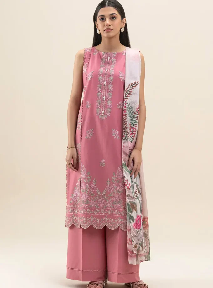 Unstitched 3Pc Embroidered Lawn Dress Floral Blush Beechtree