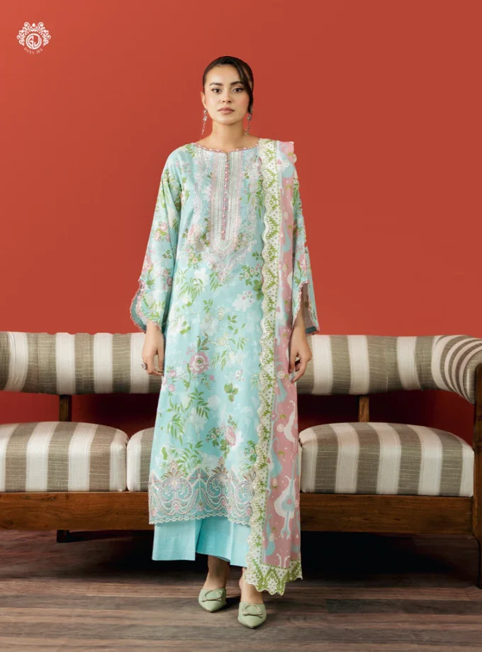 Unstitched 3Pc Embroidered Lawn Dress GullJee Ruhay Sukhan 802