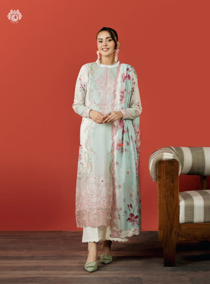 Unstitched 3Pc Embroidered Lawn Dress GullJee Ruhay Sukhan 804