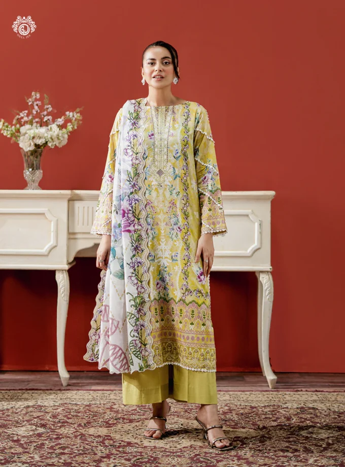 Unstitched 3Pc Embroidered Lawn Dress GullJee Ruhay Sukhan 811