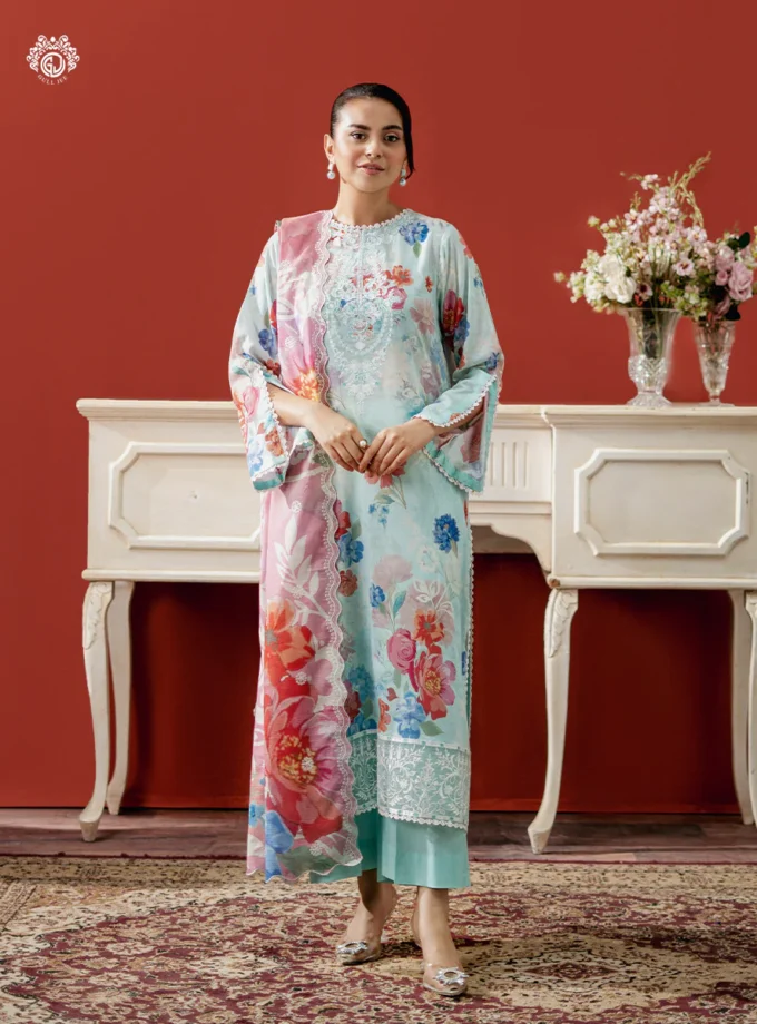 Unstitched 3Pc Embroidered Lawn Dress GullJee Ruhay Sukhan 812
