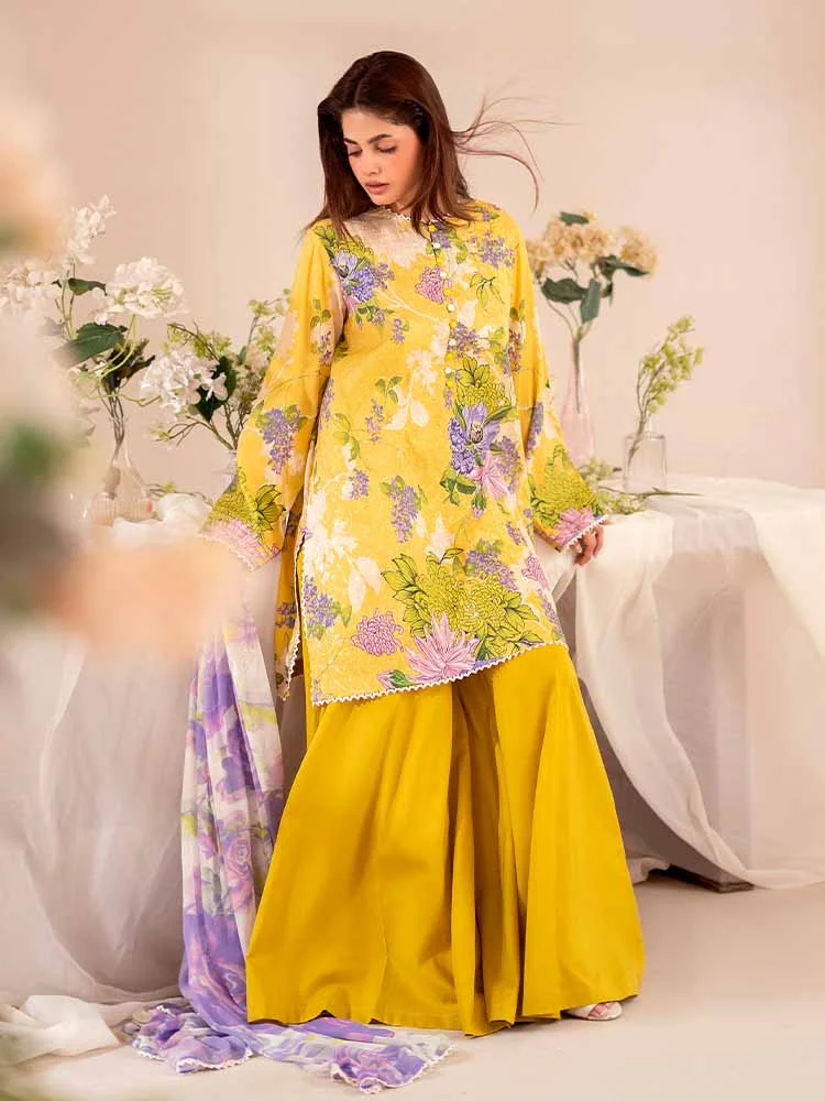 Unstitched 3Pc Chickankari Printed Lawn Dress Binaas C211 - Image 3