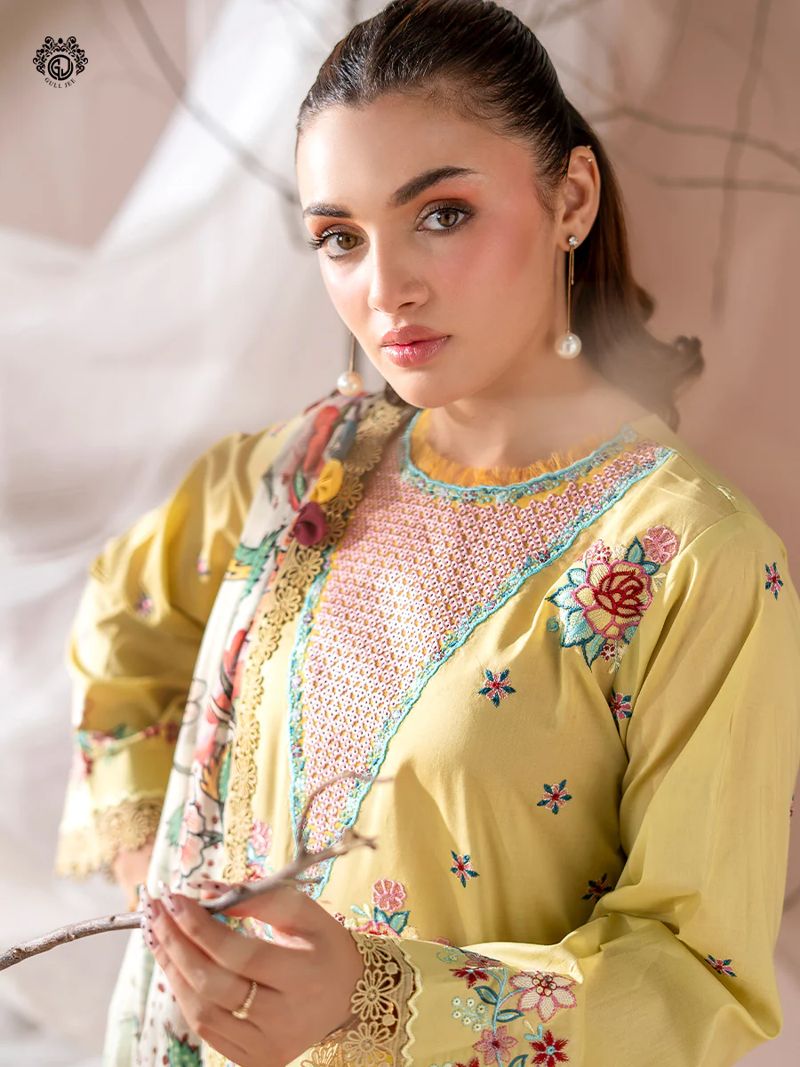 Unstitched 3Pc Exclusive Embroidered Lawn Dress GullJee Rang E Sahar A01 - Image 3