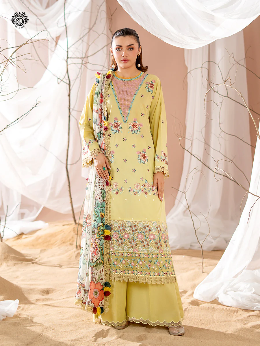 Unstitched 3Pc Exclusive Embroidered Lawn Dress GullJee Rang E Sahar A01