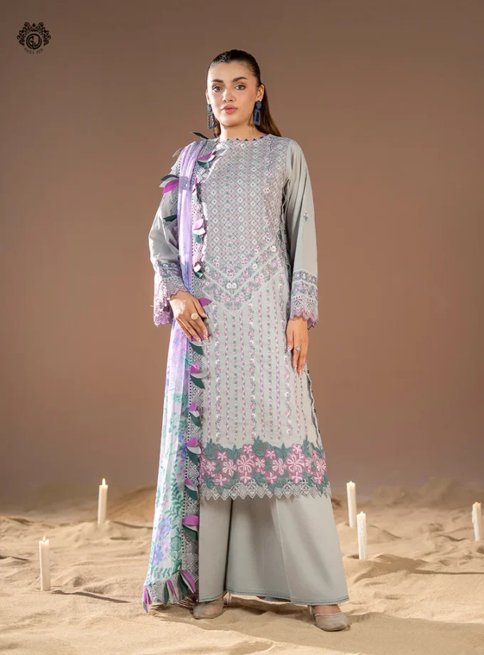 Unstitched 3Pc Exclusive Embroidered Lawn Dress GullJee Rang E Sahar A12