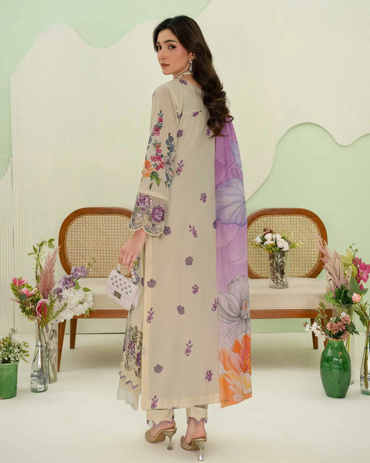 Unstitched 3Pc Premium Embroidered Lawn Dress Aalaya Signature D-09 - Image 3