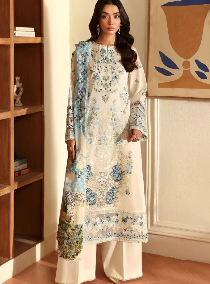 Unstitched 3Pc Embroidered Luxury Lawn Dress Ramsha Andaaz 1305