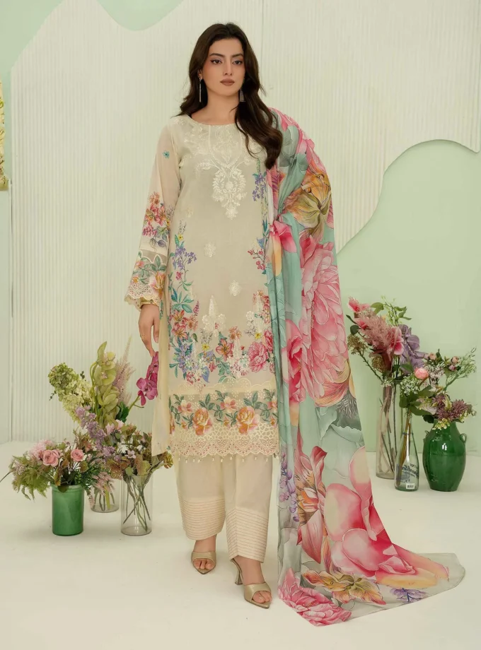 Unstitched 3Pc Premium Embroidered Lawn Dress Aalaya Signature D-01