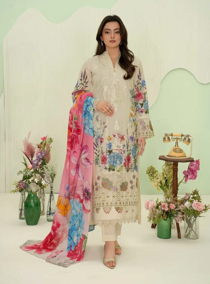Unstitched 3Pc Premium Embroidered Lawn Dress Aalaya Signature D-02