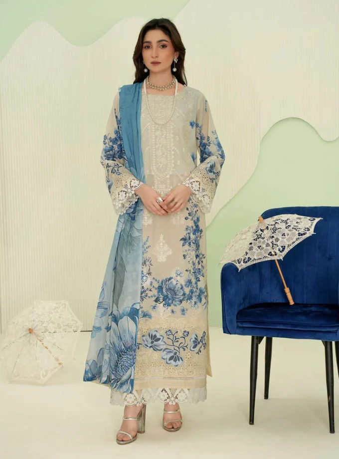 Unstitched 3Pc Premium Embroidered Lawn Dress Aalaya Signature D-03