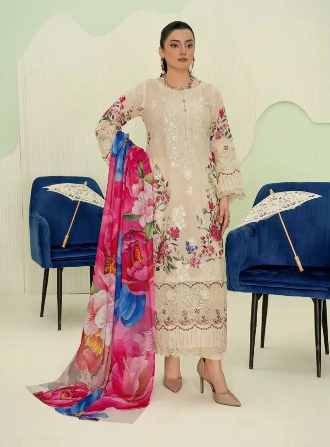 Unstitched 3Pc Premium Embroidered Lawn Dress Aalaya Signature D-04
