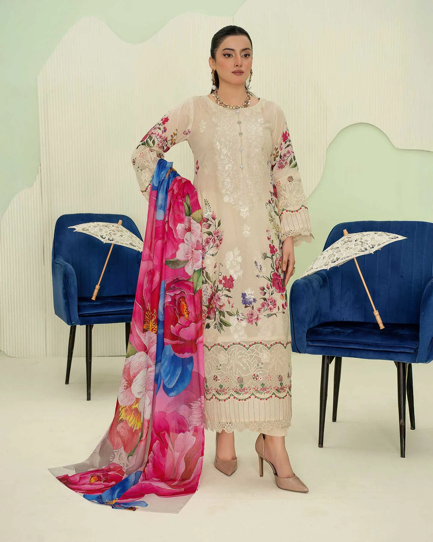 Unstitched 3Pc Premium Embroidered Lawn Dress Aalaya Signature D-04