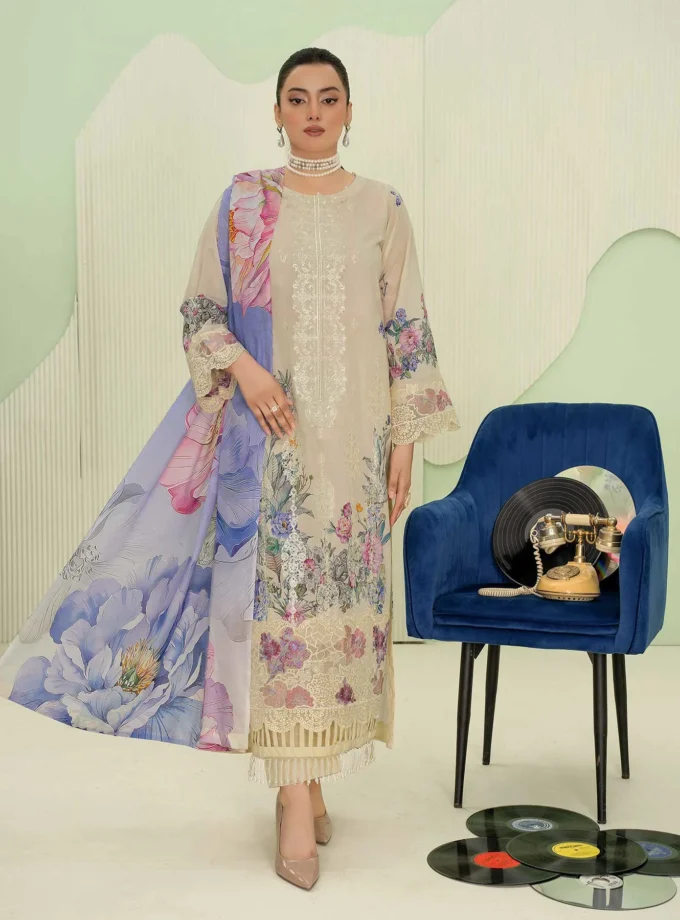 Unstitched 3Pc Premium Embroidered Lawn Dress Aalaya Signature D-05