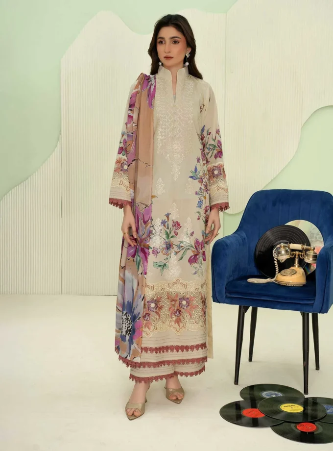 Unstitched 3Pc Premium Embroidered Lawn Dress Aalaya Signature D-06
