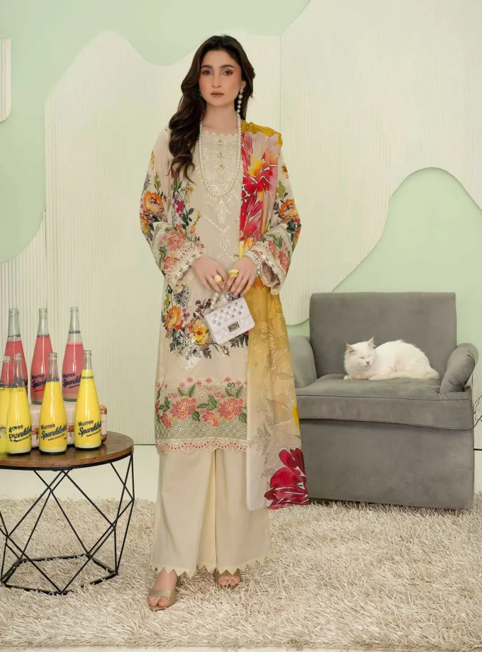 Unstitched 3Pc Premium Embroidered Lawn Dress Aalaya Signature D-07