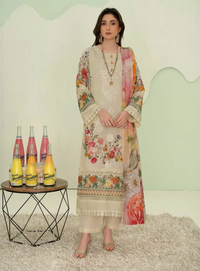 Unstitched 3Pc Premium Embroidered Lawn Dress Aalaya Signature D-08
