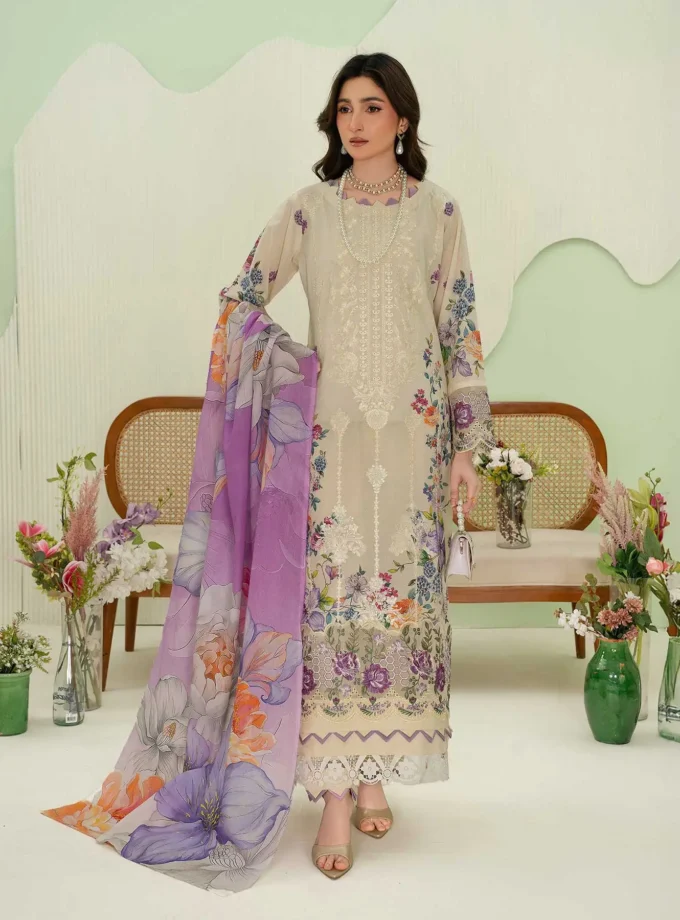 Unstitched 3Pc Premium Embroidered Lawn Dress Aalaya Signature D-09