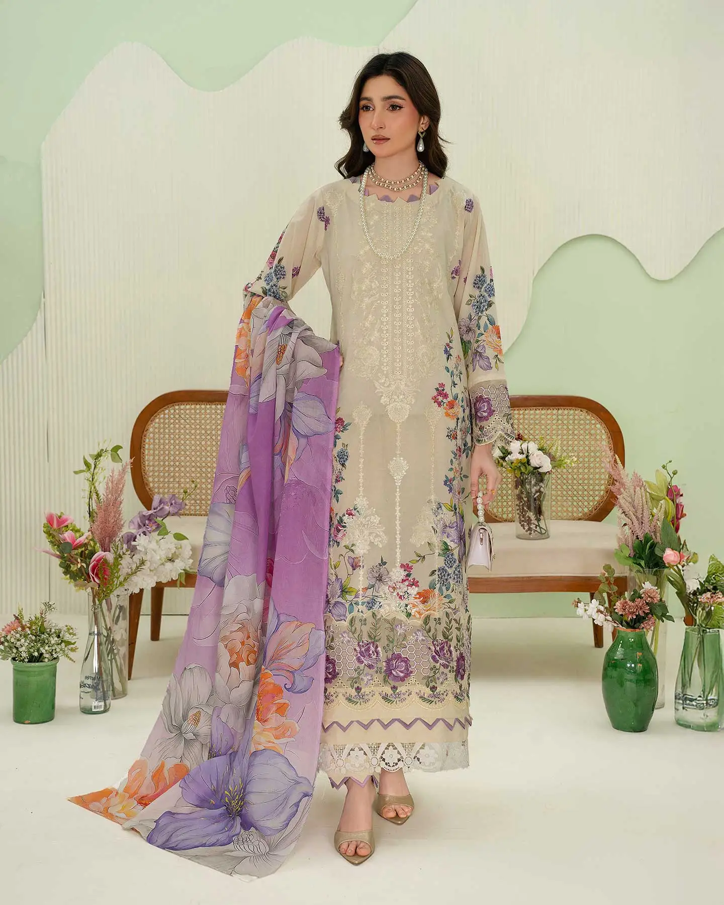 Unstitched 3Pc Premium Embroidered Lawn Dress Aalaya Signature D-09