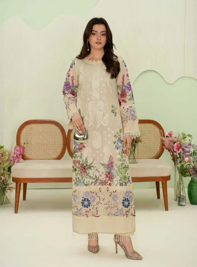 Unstitched 3Pc Premium Embroidered Lawn Dress Aalaya Signature D-10