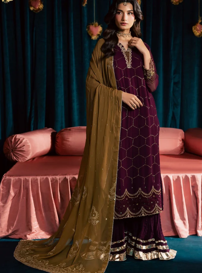 Unstitched 4Pc Embroidered Chiffon Dress Nureh Mukeshkari NMK-21