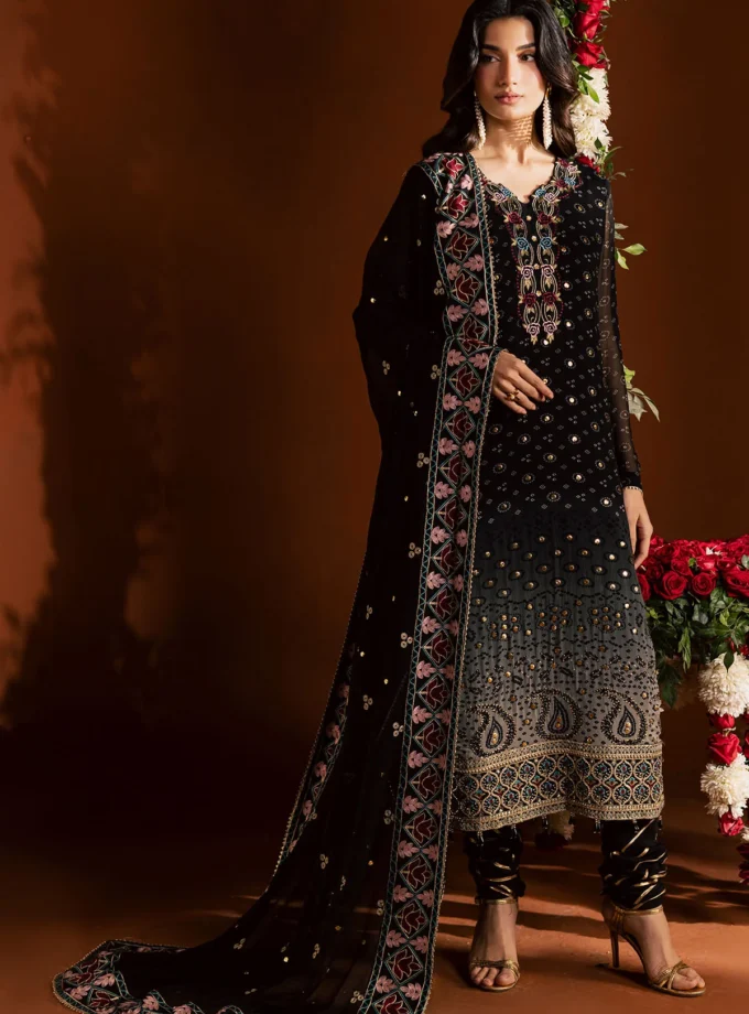 Unstitched 4Pc Embroidered Chiffon Dress Nureh Mukeshkari NMK-24