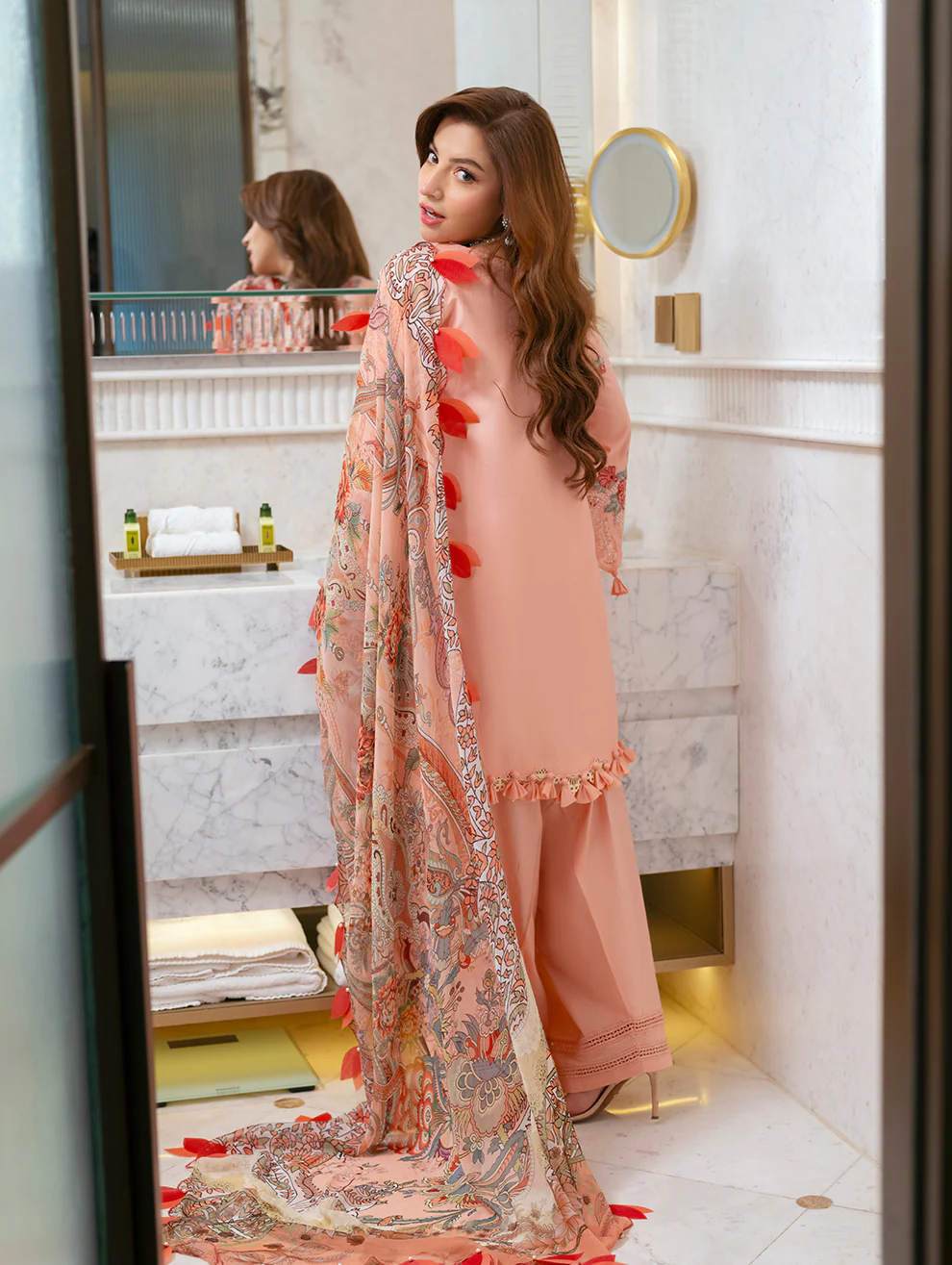 Unstitched 3Pc Embroidered Chikankari and Laser kari Luxury Lawn Dress Jade Ombre Scarlet 20823 - Image 2