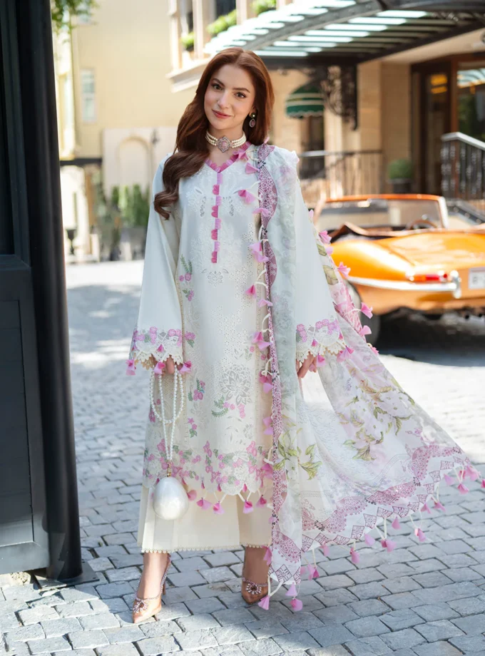 Unstitched 3Pc Embroidered Chikankari and Laser kari Luxury Lawn Dress Jade Ombre Scarlet 20818