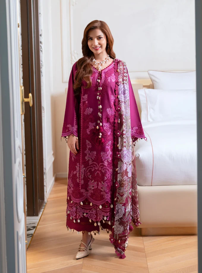 Unstitched 3Pc Embroidered Chikankari and Laser kari Luxury Lawn Dress Jade Ombre Scarlet 20820