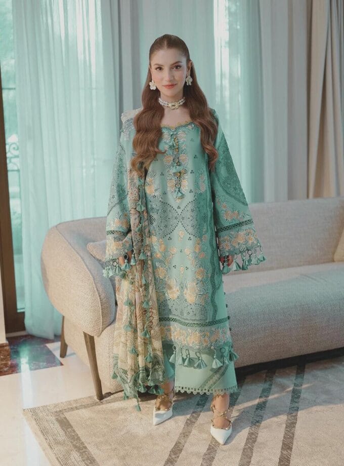 Unstitched 3Pc Embroidered Chikankari and Laser kari Luxury Lawn Dress Jade Ombre Scarlet 20825