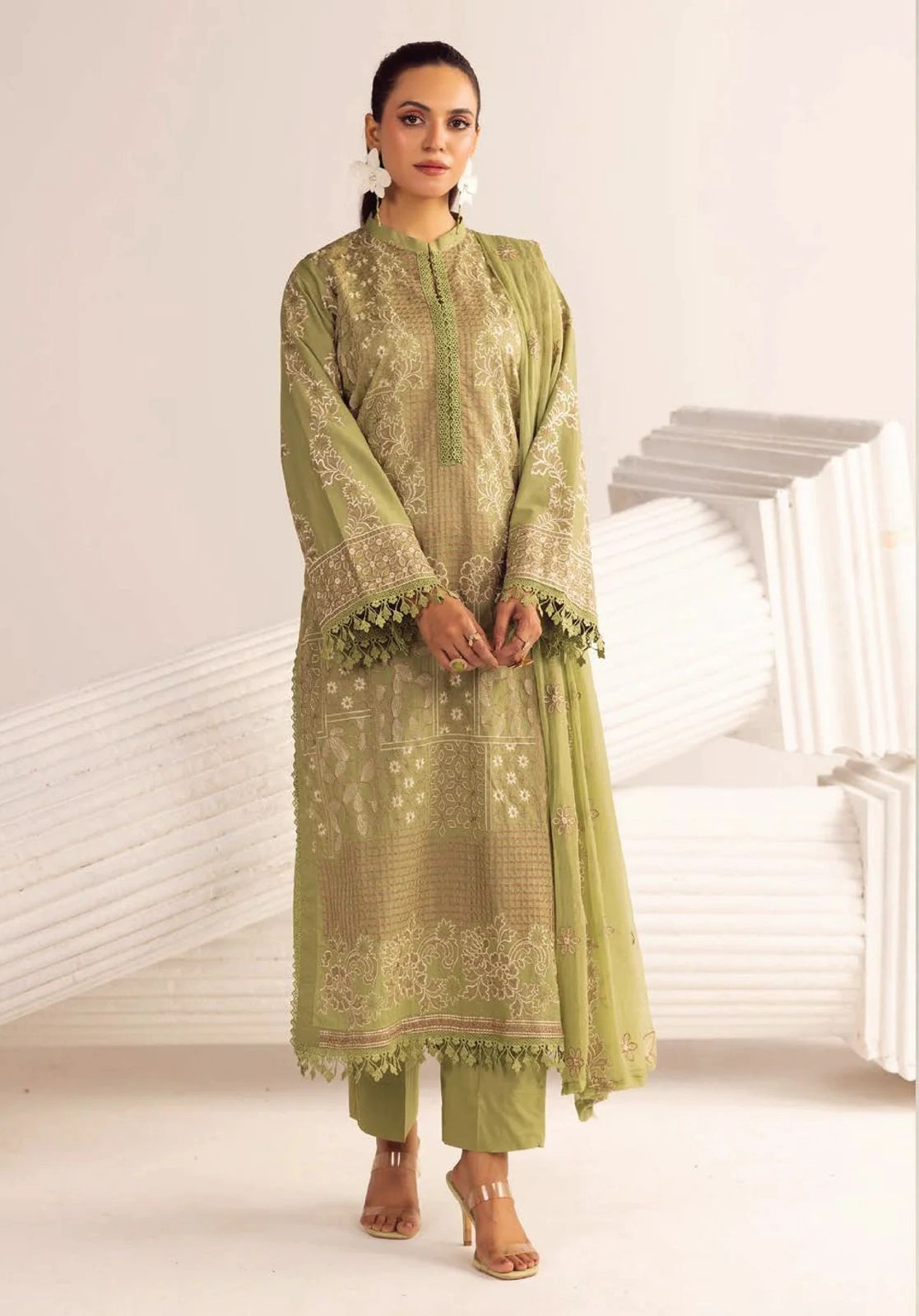 Unstitched 3Pc Embroidered Luxury Lawn Dress Shamiyana Khoobsurat by Nur 3406