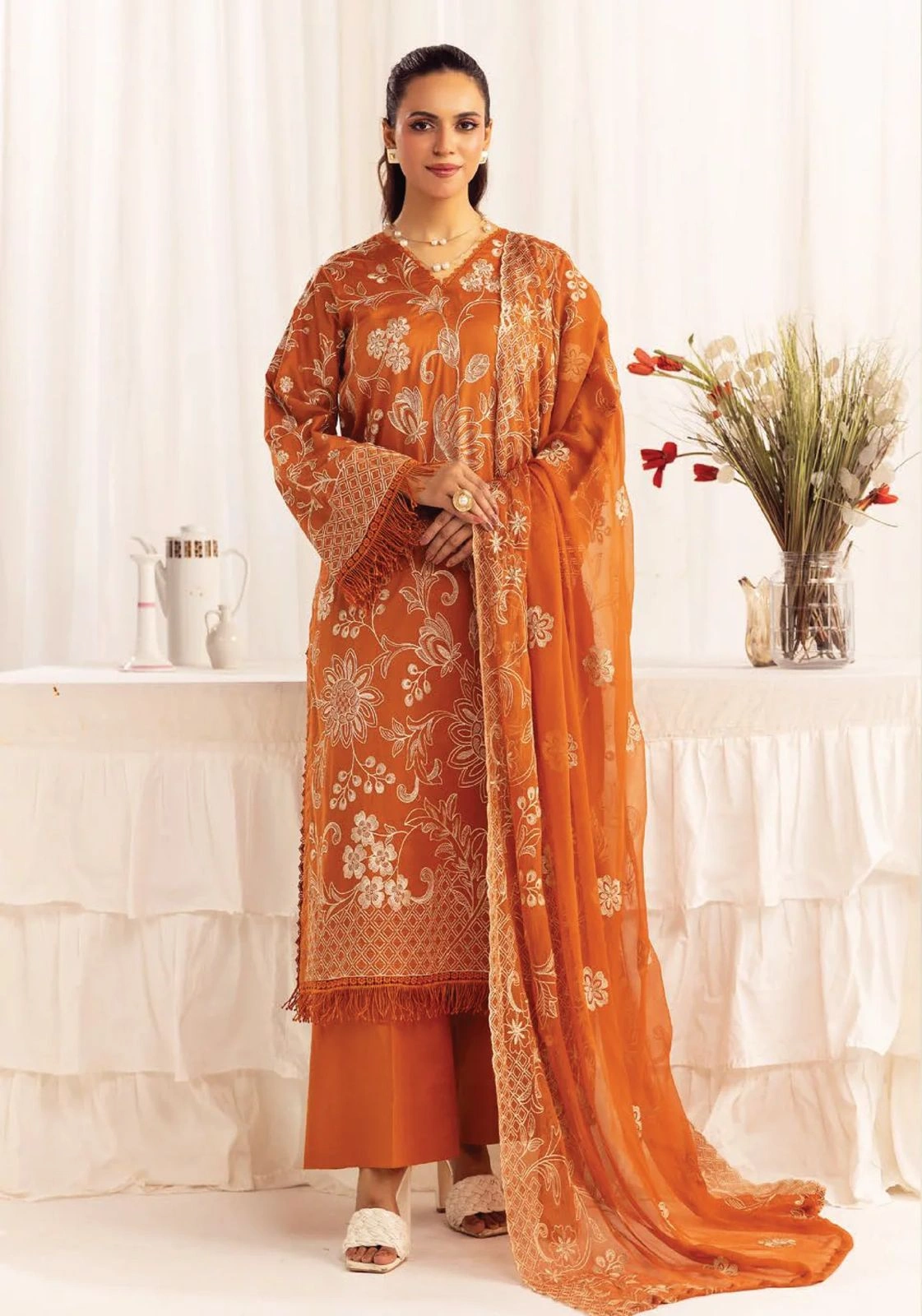 Unstitched 3Pc Embroidered Luxury Lawn Dress Shamiyana Khoobsurat by Nur 3407