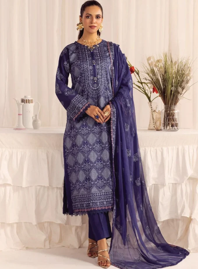 Unstitched 3Pc Embroidered Luxury Lawn Dress Shamiyana Khoobsurat by Nur 3408