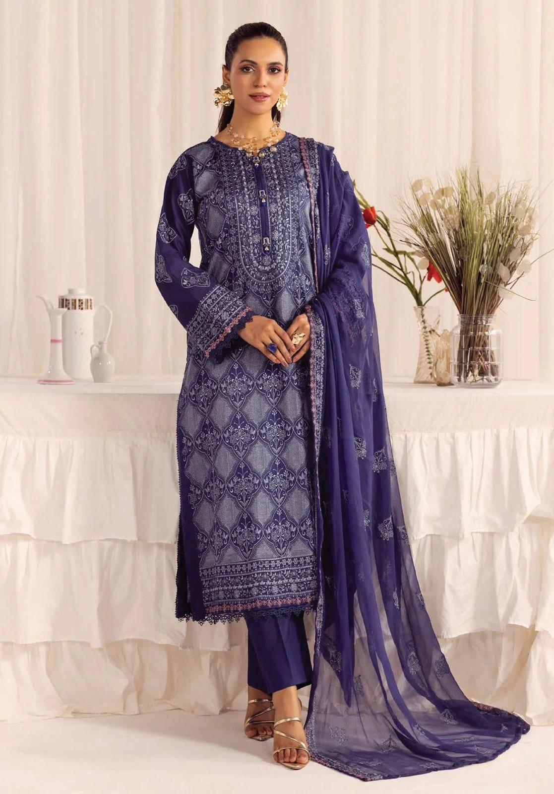 Unstitched 3Pc Embroidered Luxury Lawn Dress Shamiyana Khoobsurat by Nur 3408