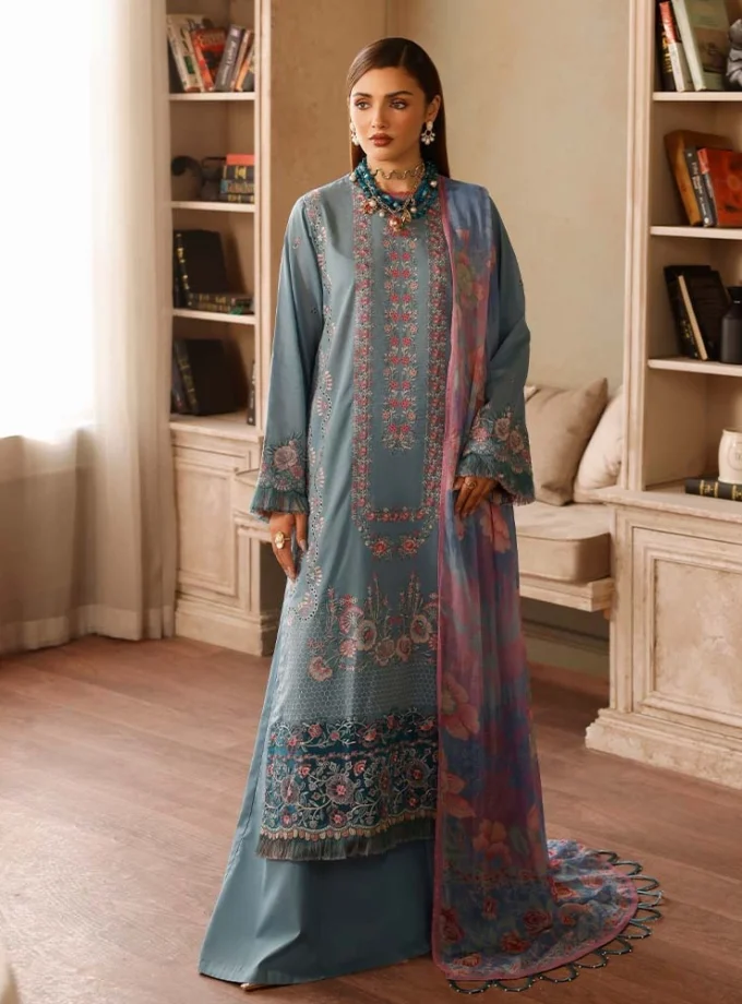 Unstitched 3Pc Exclusive Embroidered Luxury Lawn Dress Brenish Periwina 107