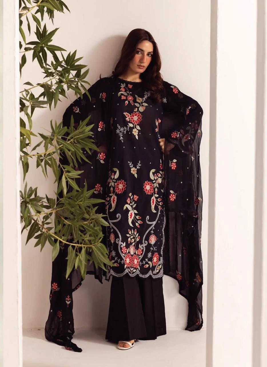 Unstitched 3Pc Embroidered Luxury Lawn Dress Shamiyana Khoobsurat by Nur 3400 - Image 4