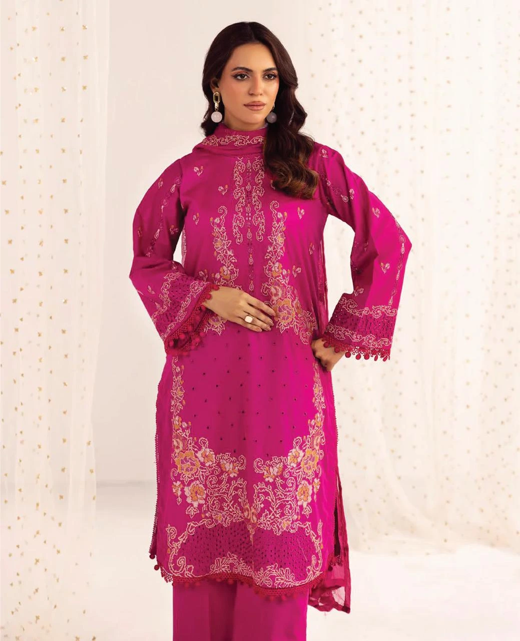 Unstitched 3Pc Embroidered Luxury Lawn Dress Shamiyana Khoobsurat by Nur 3401 - Image 3