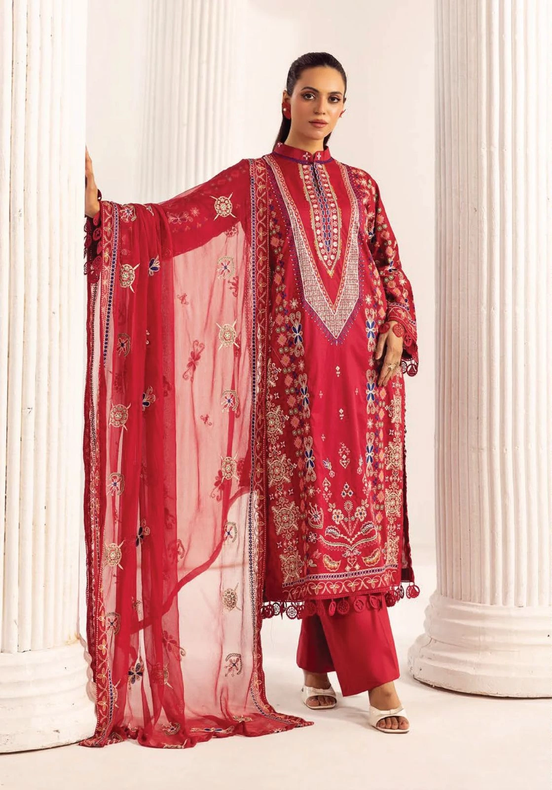 Unstitched 3Pc Embroidered Luxury Lawn Dress Shamiyana Khoobsurat by Nur 3405 - Image 3