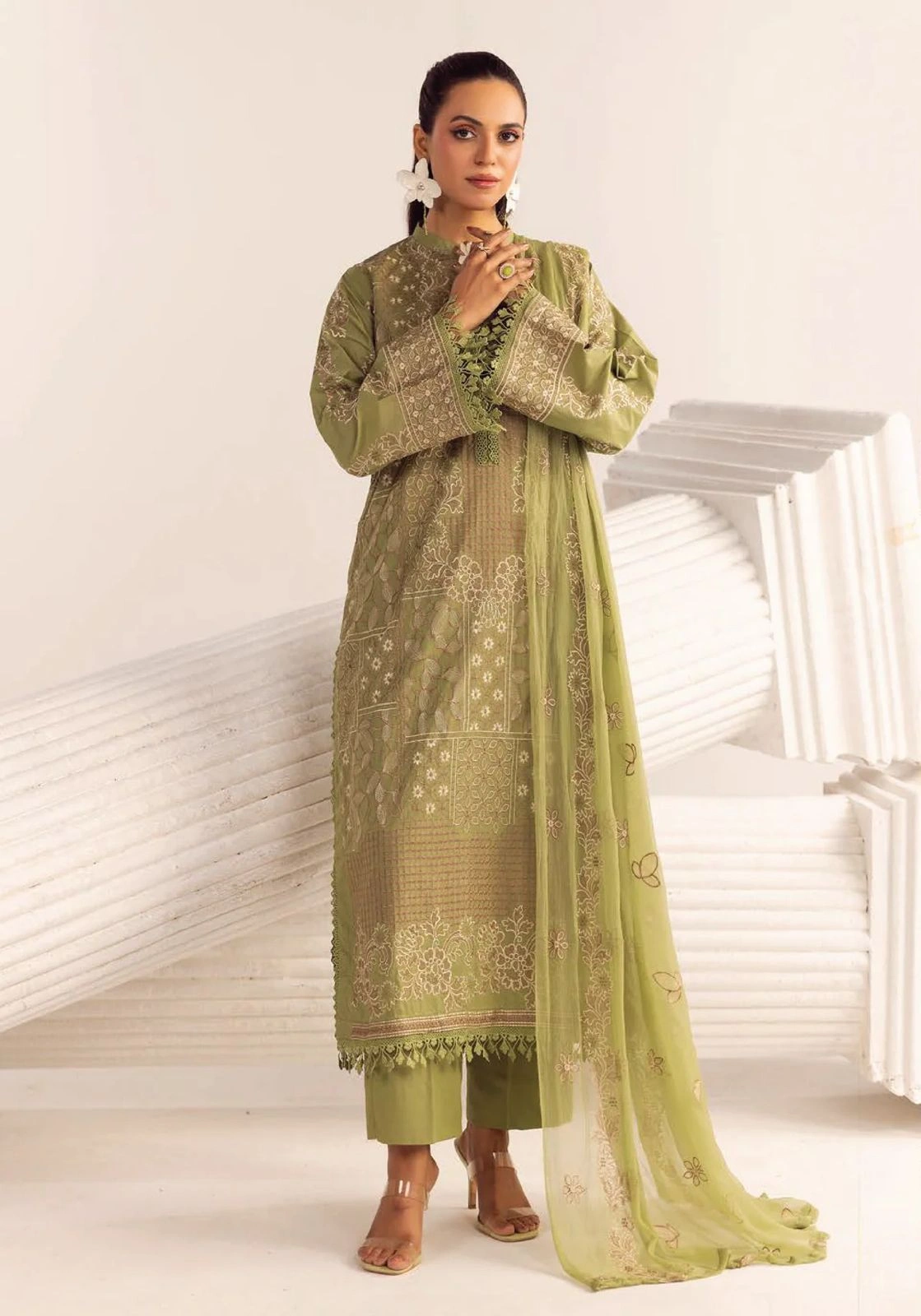Unstitched 3Pc Embroidered Luxury Lawn Dress Shamiyana Khoobsurat by Nur 3406 - Image 3