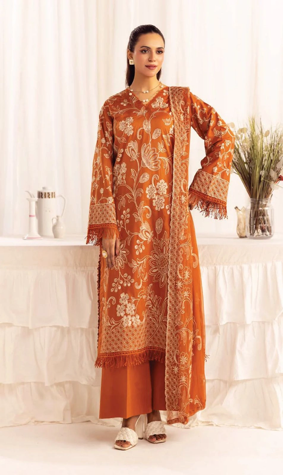 Unstitched 3Pc Embroidered Luxury Lawn Dress Shamiyana Khoobsurat by Nur 3407 - Image 2