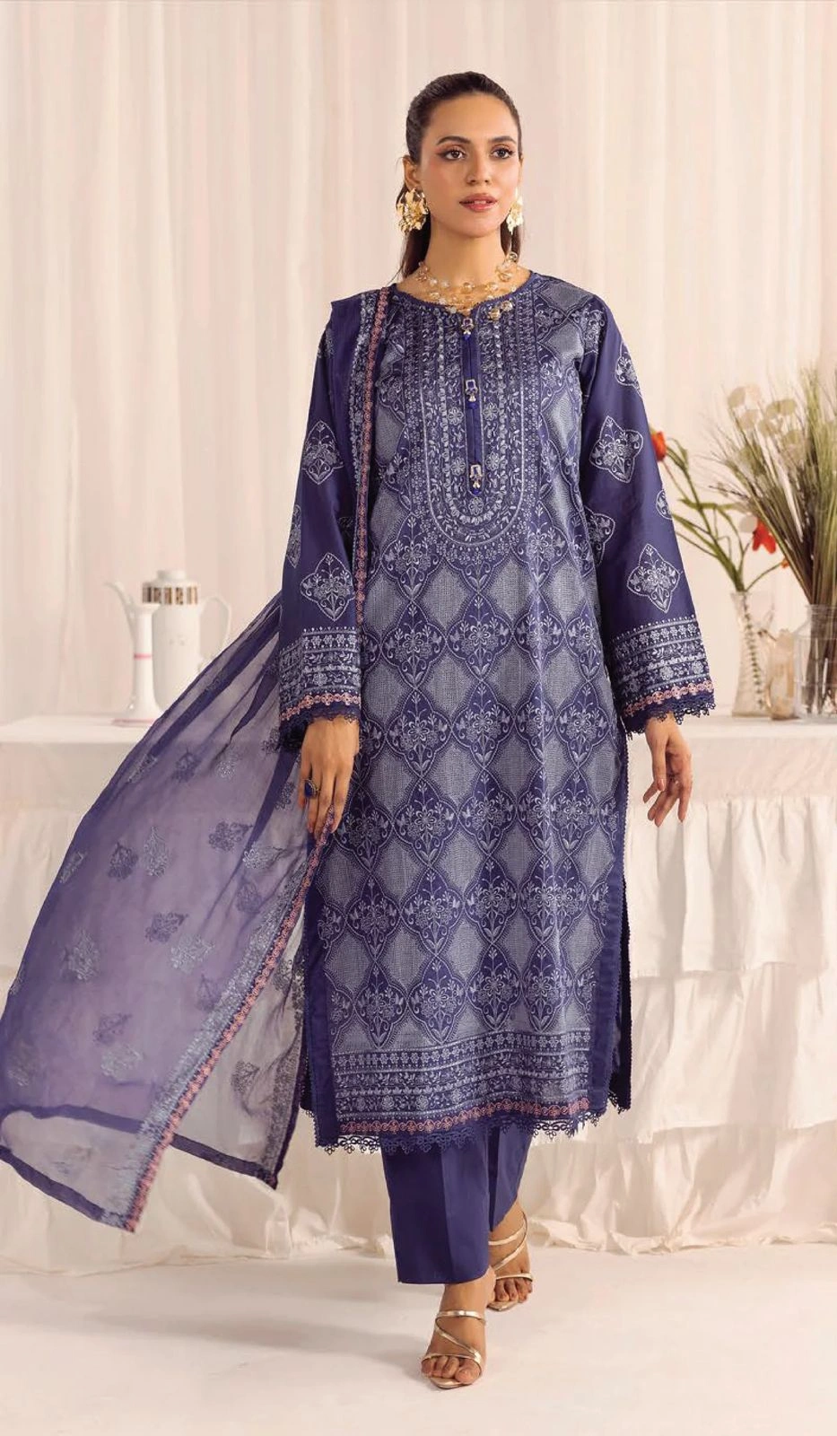 Unstitched 3Pc Embroidered Luxury Lawn Dress Shamiyana Khoobsurat by Nur 3408 - Image 3