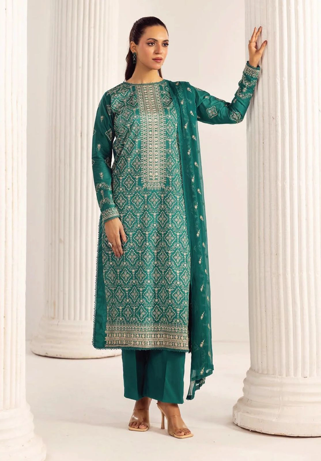 Unstitched 3Pc Embroidered Luxury Lawn Dress Shamiyana Khoobsurat by Nur 3409 - Image 3