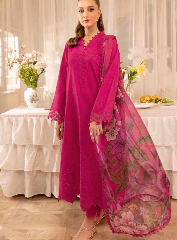 Unstitched 3Pc Digital Printed Embroidered Lawn Dress Aster by Farasha F 01