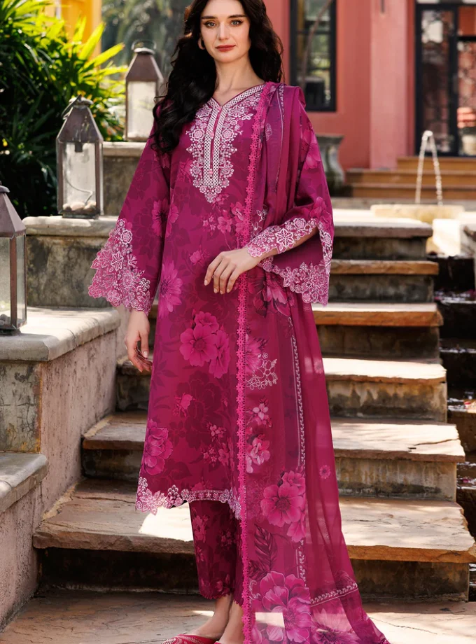 Unstitched 3Pc Digital Printed Embroidered Lawn Dress Fuchsia Flare by Farasha F 03